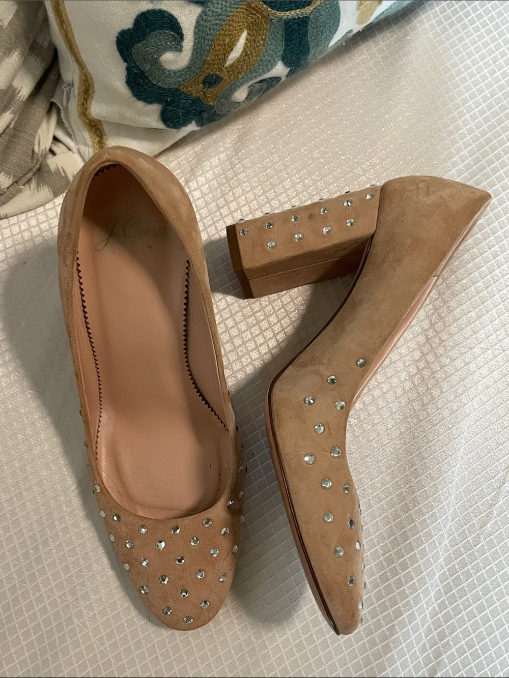 J. Crew Tan Suede Block Heel Pumps with Crystal Studs